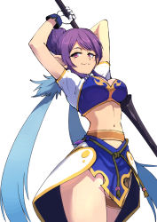 Rule 34 | 1girl, arms up, belt, blue hair, breasts, cleavage, closed mouth, cowboy shot, gloves, hair bun, holding, holding polearm, holding weapon, judith (tales), long hair, looking at viewer, navel, pink eyes, polearm, simple background, single hair bun, skirt, smile, solo, standing, tales of (series), tales of vesperia, tsunemi aosa, twintails, weapon, white background, white gloves