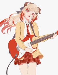 Rule 34 | 1girl, absurdres, animal ear fluff, animal ears, black bow, blonde hair, botan (oacdrykafjf3g3d), bow, cable, cardigan, collared shirt, commentary request, cowboy shot, dog ears, dog girl, electric guitar, fangs, flat chest, guitar, hair bow, hair ornament, highres, holding, holding guitar, holding instrument, instrument, long hair, long sleeves, looking at viewer, medium bangs, nanashi inc., necktie, open cardigan, open clothes, open mouth, orange eyes, plaid, plaid necktie, plaid skirt, pleated skirt, red hair, red necktie, red skirt, seshima rui, shirt, simple background, skirt, solo, virtual youtuber, white background, white shirt, x hair ornament, yellow cardigan