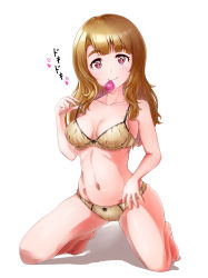Rule 34 | 1girl, adjusting bra, adjusting clothes, barefoot, bikini, bow, bow bra, bow panties, bra, breasts, brown bikini, brown eyes, brown hair, brown panties, busan no hamaguchi, closed mouth, commentary, condom, condom in mouth, condom wrapper, full body, heart, highres, idolmaster, idolmaster million live!, kneeling, light blush, long hair, looking at viewer, medium breasts, miyao miya, mouth hold, navel, panties, purple eyes, shadow, simple background, smile, solo, swimsuit, underwear, underwear only, white background