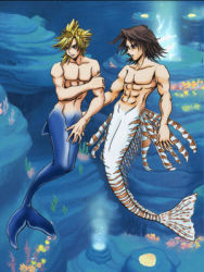 Rule 34 | 1990s (style), 2boys, abs, cloud strife, crossover, final fantasy, final fantasy vii, final fantasy viii, kingdom hearts, lowres, male focus, merman, monster boy, multiple boys, muscular, pectorals, pectorals, squall leonhart