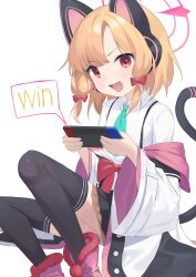 Rule 34 | 1girl, absurdres, animal ear headphones, animal ears, ayaha 4780828, black skirt, black thighhighs, blonde hair, blue archive, bow, cat ear headphones, cat tail, collared shirt, commentary, controller, english text, fake animal ears, game controller, green necktie, hair bow, halo, headphones, highres, holding, holding controller, holding game controller, jacket, looking at viewer, low-tied sidelocks, momoi (blue archive), necktie, off shoulder, open mouth, pink footwear, pleated skirt, red bow, red eyes, shirt, sidelocks, simple background, sitting, skirt, smile, solo, tail, thighhighs, two-sided fabric, two-sided jacket, white background, white jacket, white shirt