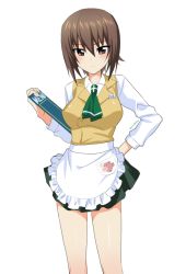 Rule 34 | 10s, 1girl, alternate costume, anglerfish, apron, ascot, black skirt, brown eyes, brown hair, character name, closed mouth, cowboy shot, emblem, eyebrows, fish, girls und panzer, green ascot, hand on own hip, holding, light smile, long sleeves, looking at viewer, menu, miniskirt, nishizumi maho, pleated skirt, saikawa yusa, shirt, short hair, simple background, skirt, solo, standing, twitter username, vest, waist apron, waitress, white background, white shirt, yellow vest
