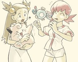 Rule 34 | !, !!, &gt; &lt;, +++, 2girls, :d, ^ ^, bare arms, breasts, brown hair, carrying, cheek pull, clefairy, closed eyes, cowboy shot, creatures (company), donnpati, dress, eyelashes, fingernails, flying sweatdrops, furrowed brow, game freak, gen 1 pokemon, grey eyes, gym leader, hair bobbles, hair ornament, hands up, jasmine (pokemon), laughing, legs apart, long hair, looking at another, magnemite, magnet, medium breasts, multiple girls, nintendo, open mouth, pink hair, pokemon, pokemon (creature), pokemon gsc, screw, shirt, short hair, short sleeves, shorts, simple background, smile, standing, straight hair, sweat, tongue, twintails, two side up, white dress, white shirt, white shorts, whitney (pokemon)