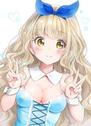 Rule 34 | 1girl, blonde hair, blue bow, blue hairband, blush, bow, breasts, choker, cleavage, double v, hair bow, hairband, highres, kinako (shiratama mochi), long hair, looking at viewer, medium breasts, original, signature, sketch, sleeveless, smile, solo, upper body, v, very long hair, white background, wrist cuffs, yellow eyes