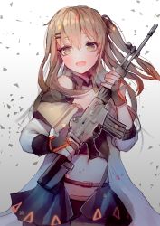 Rule 34 | 1girl, :d, assault rifle, bad id, bad pixiv id, blush, brown eyes, brown hair, girls&#039; frontline, gradient background, gun, hair between eyes, hanato (seonoaiko), hand up, holding, holding gun, holding weapon, k2 (girls&#039; frontline), long hair, looking at viewer, navel, open mouth, rifle, smile, solo, weapon