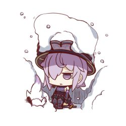 Rule 34 | 1girl, chibi, fate/grand order, fate (series), fou (fate), full body, hair over one eye, highres, mash kyrielight, nuu (nu-nyu), parted lips, purple eyes, purple hair, sheath, sheathed, shield, short hair, simple background, sitting, snow, snow on head, sword, weapon, white background