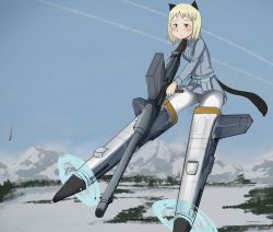 Rule 34 | 1girl, animal ears, anti-materiel rifle, bad id, bad pixiv id, blonde hair, blush, cat ears, cat tail, contrail, elma leivonen, gun, highres, lahti l-39, mountain, pantyhose, rifle, short hair, sniper rifle, snow, solo, strike witches, strike witches: suomus misfits squadron, striker unit, tail, tree, ukedachi, weapon, world witches series