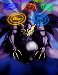 Rule 34 | absurdres, bandai, claws, creepy, darkness, demon, digimon, dragon, fangs, gouxiong, highres, lucemon, lucemon satan mode, monster, no humans, orb, seven great demon lords, wings