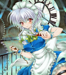 Rule 34 | 1girl, bow, braid, clock, clock tower, clockwork, colored pencil (medium), hair bow, izayoi sakuya, knife, looking at viewer, maid headdress, marker (medium), parted lips, pocket watch, red eyes, ren (endscape20), silver hair, solo, touhou, tower, traditional media, twin braids, watch