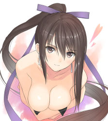 Rule 34 | &gt;:), 1girl, bare shoulders, bikini, black eyes, black hair, blush, breasts, cleavage, closed mouth, collarbone, commentary request, from above, hair ribbon, heart, high ponytail, large breasts, long hair, looking at viewer, looking down, maxima sakuya enfield, multicolored background, purple ribbon, ribbon, self hug, shining (series), smile, solo, strapless, swimsuit, tony taka, untied bikini, v-shaped eyebrows, very long hair