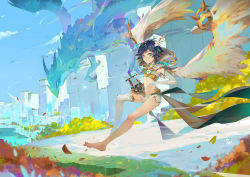 Rule 34 | 1boy, 1other, absurdres, androgynous, asymmetrical legwear, black hair, bleble, blue eyes, blue sky, braid, cloud, detached sleeves, dragon, dvalin (genshin impact), falling leaves, flower, flying, full body, genshin impact, hair flower, hair ornament, highres, hood, huge filesize, leaf, looking at viewer, lyre, male focus, midriff, multicolored hair, navel, outdoors, short shorts, shorts, sky, solo, thighhighs, twin braids, two-tone hair, uneven legwear, venti (archon) (genshin impact), venti (genshin impact), white shorts, white thighhighs, wind, wings