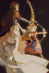 Rule 34 | 3girls, armor, arrow (projectile), bare shoulders, blonde hair, bow (weapon), bracelet, brown hair, closed mouth, commentary request, dress, elbow gloves, english text, floating hair, gloves, green eyes, hair ornament, highres, holding, holding bow (weapon), holding weapon, jewelry, long dress, long hair, looking at viewer, maruta maruta, multiple girls, necklace, nintendo, open mouth, pauldrons, pink dress, pointy ears, princess zelda, profile, shoulder armor, strapless, strapless dress, teeth, the legend of zelda, the legend of zelda: breath of the wild, the legend of zelda: the wind waker, the legend of zelda: twilight princess, triforce print, twitter username, upper teeth only, very long hair, weapon, white dress, white gloves