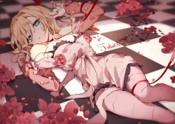 Rule 34 | bare shoulders, blonde hair, blood on ground, blue eyes, breasts, checkered floor, collarbone, dress, feet out of frame, flower, hand up, highres, jojo no kimyou na bouken, long bangs, long hair, long sleeves, looking at viewer, lucy steel, lying, medium breasts, nail polish, off shoulder, on back, pantyhose, red flower, red nails, red ribbon, ribbon, sen (5710265), sidelocks, sleeveless, sleeveless dress, steel ball run, strap slip, white dress, white pantyhose