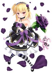 Rule 34 | 1girl, 7fuji 06, armpits, blonde hair, blush, bow, choker, dress, falling petals, flower, frilled choker, frilled dress, frills, full body, gothic lolita, hair flower, hair ornament, hairband, highres, holding, holding staff, holding stuffed toy, knees together feet apart, layered dress, lolita fashion, lolita hairband, looking at viewer, one side up, orange eyes, original, pantyhose, petals, rose, short hair, smile, solo, staff, strapless, strapless dress, striped clothes, striped pantyhose, stuffed animal, stuffed rabbit, stuffed toy, white background