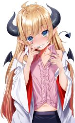 Rule 34 | 1girl, age regression, aged down, ahoge, alternate breast size, aqua eyes, black skirt, blonde hair, blush, breasts, center frills, child, collarbone, demon girl, demon horns, demon tail, demon wings, frilled shirt, frills, fumihiko (fu mihi ko), hands up, head tilt, hololive, horns, lab coat, long hair, looking at viewer, nail polish, navel, oversized clothes, parted lips, pointy ears, shirt, skirt, sleeveless, sleeveless shirt, small breasts, smile, solo, tail, teeth, transparent background, very long hair, virtual youtuber, wings, yuzuki choco, yuzuki choco (1st costume)