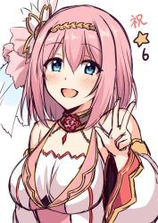 Rule 34 | 1girl, bare shoulders, blue eyes, blush, breasts, circlet, dress, flower, hair between eyes, hair ornament, hair ribbon, horosuke, large breasts, long sleeves, looking at viewer, open mouth, pink dress, pink hair, princess connect!, ribbon, short hair, simple background, smile, solo, star (symbol), w, white background, wide sleeves, yui (princess connect!)