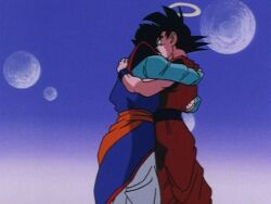 Rule 34 | black eyes, black hair, dragon ball, dragonball z, farewell, father and son, halo, highres, hug, hugging each other, moon, muscular, muscular male, potential unleashed, son gohan, son goku, tagme, ultimate gohan