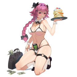 Rule 34 | 1girl, absurdres, astolfo (fate), bag, banknote, bikini, black bow, bow, braid, breasts, can, check gender, cosplay, detached collar, dollar bill, drink can, fate/apocrypha, fate/grand order, fate (series), food, genderswap, genderswap (mtf), hair bow, hair intakes, hair ribbon, highres, kneeling, large breasts, long hair, looking at viewer, meme, money, monster energy, multi-strapped bikini, multicolored hair, multiple hair bows, navel, o-ring, o-ring thigh strap, pancake, pink eyes, pink hair, ribbon, satchel, simple background, single braid, socks, soda can, solo, streaked hair, string bikini, sweat, swiftsure (azur lane), swiftsure (midsummer special service) (azur lane), swimsuit, thigh strap, translation request, tray, very long hair, white background, white socks, wrist cuffs