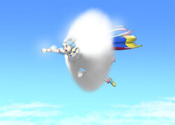 Rule 34 | 1girl, above clouds, blue cape, blue dress, blue eyes, blue footwear, blue hair, blue sky, boots, cape, clenched hand, clothing cutout, cloud, commentary, cure sky, day, dress, flying, fringe trim, highres, hirogaru sky! precure, long hair, looking to the side, magical girl, medium dress, open mouth, outdoors, precure, short sleeves, shoulder cutout, sky, solo, sonic boom, sora harewataru, thighhighs, ueyama michirou, white thighhighs