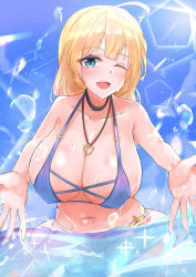 Rule 34 | 1girl, absurdres, alternate costume, bare shoulders, bikini, black choker, blonde hair, blue bikini, blue eyes, blue sky, blush, breasts, choker, cleavage, collarbone, commission, feet out of frame, girls&#039; frontline, highres, large breasts, leaning forward, long hair, looking at viewer, m1911 (girls&#039; frontline), muteppona hito, navel, ocean, on water, one eye closed, open mouth, skeb commission, sky, smile, solo, standing, swimsuit, water, water drop, wet, wet clothes, wet face, wet swimsuit