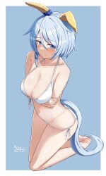 Rule 34 | 1girl, a.nori, absurdres, alternate costume, animal ears, artist name, barefoot, bikini, blue eyes, blue hair, blush, border, breasts, cleavage, closed mouth, commentary request, crossed arms, dated, ear covers, ears down, front-tie bikini top, front-tie top, highres, horse ears, horse tail, k.s.miracle (umamusume), kneeling, medium breasts, navel, short hair, side-tie bikini bottom, solo, swimsuit, tail, toes, umamusume, white border
