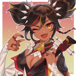Rule 34 | 1girl, black nails, black shirt, border, braid, braided ponytail, breasts, brown hair, close-up, crossed bangs, dark-skinned female, dark skin, fang, genshin impact, gradient background, guitar, hair between eyes, hairband, hand up, highres, holding, holding instrument, instrument, jewelry, karanashi mari, long sleeves, looking at viewer, medium breasts, medium hair, multiple rings, nail polish, one eye closed, open mouth, orange eyes, outside border, ring, shirt, shoulder spikes, smile, solo, spiked hairband, spikes, two side up, upper body, white border, white sleeves, xinyan (genshin impact)