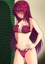 Rule 34 | 1girl, bare shoulders, bikini, blush, breasts, cleavage, closed eyes, closed mouth, collarbone, fate/grand order, fate (series), flower, ganmu guo zi jiang, hair flower, hair ornament, hands on own hips, hibiscus, highres, large breasts, long hair, navel, purple bikini, purple hair, scathach (fate), scathach (fate/grand order), scathach (swimsuit assassin) (fate), scowl, swimsuit, thighs
