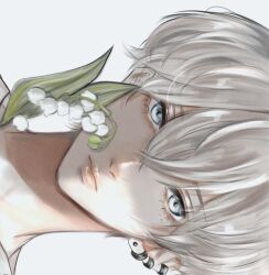 Rule 34 | 1boy, commentary, ear piercing, expressionless, flower, grey eyes, h whitewish, lily of the valley, looking at viewer, male focus, original, piercing, rotated, short hair, simple background, solo, straight-on, white background, white hair