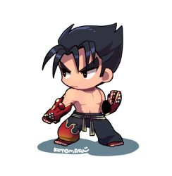 Rule 34 | 1boy, black hair, black pants, bright pupils, chibi, clenched hand, closed mouth, fighting stance, flame print, full body, gloves, highres, kazama jin, kotorai, looking to the side, male focus, martial arts belt, no nipples, pants, pectorals, red gloves, short hair, signature, solo, studded gloves, tekken, thick eyebrows, topless male, v-shaped eyebrows, white pupils