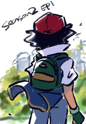 Rule 34 | 1boy, amaya uw, ash ketchum, backpack, bad id, bad pixiv id, bag, black hair, blurry, commentary request, creatures (company), falling leaves, fingerless gloves, from behind, game freak, gloves, green bag, green gloves, grey pants, hat, highres, jacket, leaf, male focus, nintendo, pants, pokemon, pokemon (anime), pokemon (classic anime), red hat, short hair, short sleeves, solo