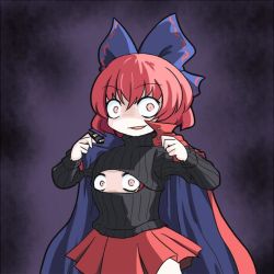 Rule 34 | 1girl, :d, adapted costume, aratami isse, bow, cape, evil smile, hair bow, md5 mismatch, meme attire, open-chest sweater, open mouth, pink eyes, red hair, ribbed sweater, sekibanki, shaded face, short hair, skirt, smile, sweater, touhou