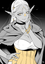 Rule 34 | 1girl, bracelet, breasts, choker, cithis, cleavage, cloak, dark-skinned female, dark elf, dark skin, dress, dungeon meshi, elf, facial tattoo, hair tubes, hand on own face, hand on own hip, highres, hood, hooded cloak, jewelry, large breasts, long hair, looking at viewer, monochrome, multiple rings, notched ear, pointy ears, ring, smile, solo, spot color, strapless, strapless dress, tattoo, yanai nobuhiko, yellow eyes