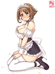 Rule 34 | 1girl, alternate costume, apron, artist logo, black footwear, black skirt, blouse, brown hair, commentary request, dated, detached collar, enmaided, frilled apron, frilled shirt, frilled skirt, frills, full body, green eyes, high heels, highres, kanon (kurogane knights), kantai collection, looking at viewer, maid, maid headdress, mutsu (kancolle), off-shoulder blouse, seiza, shirt, short hair, simple background, sitting, skirt, smile, solo, thighhighs, waist apron, white background, white shirt, white thighhighs, wrist cuffs