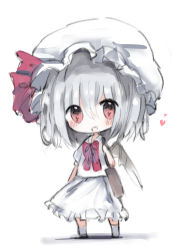 Rule 34 | 1girl, :d, bad id, bad pixiv id, bat wings, black footwear, blush, bow, chibi, collared shirt, cottontailtokki, frilled skirt, frills, grey wings, hair between eyes, hair bow, hat, heart, highres, kneehighs, long hair, looking at viewer, mob cap, open mouth, puffy short sleeves, puffy sleeves, red bow, red eyes, remilia scarlet, shirt, short sleeves, silver hair, skirt, smile, socks, solo, standing, touhou, white background, white hat, white shirt, white skirt, white socks, wings