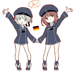 Rule 34 | 10s, 2girls, beret, blonde hair, blue eyes, blush, brown eyes, brown hair, clothes writing, dress, female focus, flat color, full body, german flag, german text, holding hands, hat, kantai collection, looking at viewer, multiple girls, open mouth, sailor dress, sailor hat, short hair, standing, tenni noboru, text focus, translated, white background, z1 leberecht maass (kancolle), z3 max schultz (kancolle)