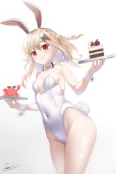 Rule 34 | 1girl, absurdres, animal ears, blonde hair, breasts, cake, cake slice, cleavage, crab, detached collar, fake animal ears, food, highres, hitatsuphat, leotard, medium breasts, nijigen project, nika lan linh, playboy bunny, red eyes, smile, solo, sunglasses, thighs, vietnamese commentary, virtual youtuber