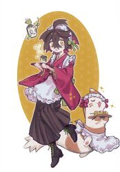 Rule 34 | alternate costume, apron, black footwear, black hair, black hakama, blush, boots, bow, closed eyes, clothed pokemon, commentary request, creatures (company), cross-laced footwear, crossdressing, cup, food, frilled apron, frills, full body, furret, game freak, gen 2 pokemon, green bow, hakama, highres, holding, holding tray, japanese clothes, kieran (pokemon), kimono, kuma 8311, lace-up boots, long sleeves, maid, maid headdress, mole, mole on neck, nintendo, open mouth, parted lips, pokemon, pokemon sv, poltchageist, red bow, red hair, red kimono, sparkle, trap, tray, wa maid, white apron, wide sleeves, yellow eyes, yunomi
