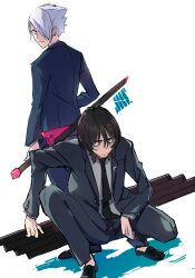 Rule 34 | 2boys, black footwear, black hair, black jacket, black necktie, black pants, blue eyes, blue jacket, blue pants, character request, collared shirt, colored shadow, facial hair, grey hair, grey shirt, gridman universe, grin, hair between eyes, hair over one eye, highres, holding, holding sword, holding weapon, jacket, long sleeves, looking at viewer, loup, multiple boys, necktie, pants, shadow, shirt, shoes, simple background, smile, squatting, stubble, sword, weapon, weapon behind back, white background