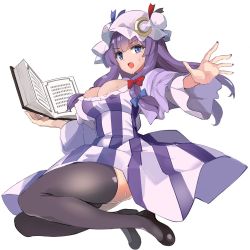 Rule 34 | blue bow, blunt bangs, bow, bun cover, crescent, crescent hat ornament, double bun, dress, hair bow, hair bun, hat, hat bow, hat ornament, highres, kamukamu (ars), long hair, long sleeves, mob cap, neck ribbon, patchouli knowledge, purple dress, purple eyes, purple hair, purple hat, red bow, red ribbon, ribbon, shoes, striped clothes, striped dress, touhou, vertical-striped clothes, vertical-striped dress, very long hair, white footwear, wide sleeves