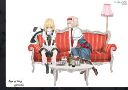 Rule 34 | 2girls, alice margatroid, apron, blonde hair, boots, bow, braid, couch, dress, female focus, green eyes, hair bow, hat, headband, kirisame marisa, lamp, multiple girls, nabeshima tetsuhiro, necktie, pantyhose, red upholstery, striped, striped upholstery, touhou, witch, witch hat