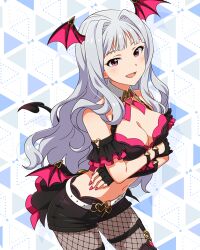 Rule 34 | 1girl, belt, breasts, card (medium), cleavage, demon tail, demon wings, detached collar, fangs, fingerless gloves, fishnet pantyhose, fishnets, gloves, grey hair, idolmaster, idolmaster million live!, idolmaster million live! theater days, nail polish, navel, official art, pantyhose, purple eyes, shijou takane, short shorts, shorts, solo, tail, wing hair ornament, wings