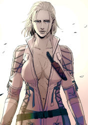 Rule 34 | 1girl, 50yen, belt, belt skirt, bodysuit, breasts, breasts apart, center opening, cleavage, collarbone, cowboy shot, cross-laced clothes, expressionless, high collar, knife, large breasts, leaf, lips, looking at viewer, metal gear (series), metal gear solid 3: snake eater, mole, mole under eye, monochrome, navel, no bra, open bodysuit, open clothes, open shirt, scar, sheath, sheathed, shirt, short hair, solo, the boss, unzipped, weapon, wind
