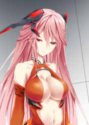 Rule 34 | 1girl, absurdres, arms at sides, bare shoulders, breasts, center opening, cleavage, collarbone, colored eyelashes, commentary request, cosplay, detached sleeves, girls&#039; frontline, guilty crown, half-closed eyes, headgear, highres, large breasts, light smile, long hair, long sleeves, looking away, looking down, m82a1 (girls&#039; frontline), navel, niie, parted lips, pink eyes, pink hair, revealing clothes, sidelocks, solo, straight hair, upper body, very long hair, yuzuriha inori (cosplay)