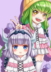 Rule 34 | 2girls, :d, :t, absurdres, aged down, beads, black hairband, blue eyes, blunt bangs, blush, c.c., capelet, child, code geass, cosplay, crossover, dragon horns, dragon tail, dress, fur trim, green hair, hair beads, hair ornament, hairband, hat, highres, horns, kanna kamui, kanna kamui (cosplay), kobayashi-san chi no maidragon, light purple hair, long hair, looking at viewer, low twintails, microdress, multiple girls, open mouth, purple background, smile, tail, twintails, v, very long hair, white legwear, xiao gen, yellow eyes