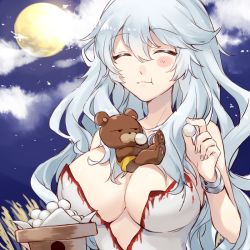 Rule 34 | 1girl, artemis (fate), bear, breasts, cleavage, closed eyes, dango, dress, eating, fate/grand order, fate (series), food, kan&#039;yu (citron 82), large breasts, long hair, moon, night, night sky, orion (bear) (fate), silver hair, sky, wagashi