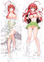 Rule 34 | 1girl, barefoot, bed sheet, black jacket, blue eyes, blush, bouquet, breasts, bridal veil, cleft of venus, clothes lift, clothes pull, collarbone, dakimakura (medium), dress, dress pull, flower, from above, full body, gloves, gluteal fold, go-toubun no hanayome, green skirt, hair between eyes, hair flower, hair ornament, head wreath, high heels, holding, holding bouquet, jacket, jewelry, kneehighs, large breasts, long hair, looking at viewer, lying, miniskirt, moeanime, nakano itsuki, nipples, no panties, on back, open clothes, open jacket, open mouth, ornate ring, pleated skirt, pumps, pussy, red hair, red sweater, ring, school uniform, shiny skin, shirt, short sleeves, skirt, skirt lift, socks, solo, split screen, star (symbol), star hair ornament, sweater, sweater lift, sweater vest, veil, very long hair, wavy mouth, wedding dress, wedding ring, white dress, white flower, white footwear, white gloves, white shirt, white socks
