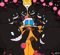 Rule 34 | 1girl, 6+boys, absurdres, black eyes, black skin, breasts, chao (sonic), closed eyes, colored skin, dark chao, double handjob, excito, facing viewer, fellatio, group sex, handjob, highres, huge breasts, large penis, multiple boys, multiple penises, open mouth, oral, orgy, penis, penis on face, penis on head, penises touching, rouge the bat, sharp teeth, sonic (series), surrounded by penises, tails doll, teeth, tongue, tongue out, veins, veiny penis