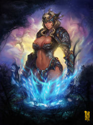 Rule 34 | 1girl, armor, backlighting, bikini armor, blonde hair, blue fire, breasts, cleavage, closed mouth, dragon, eyelashes, fire, gauntlets, glowing, gorget, head wings, headpiece, highres, large breasts, light particles, lips, long hair, looking at viewer, navel, original, pauldrons, purple eyes, shoulder armor, signature, sky, solo, star (sky), stomach, tree, twilight, wading, water, wavy hair, wings, wookyung
