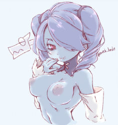 Rule 34 | 1girl, alternate hairstyle, blue background, blue hair, blue skin, breasts, colored skin, detached collar, detached sleeves, drill hair, hair over one eye, large breasts, leviathan (skullgirls), looking at viewer, mtk hoshi, pursed lips, skullgirls, smile, solo, squigly (skullgirls), stitched mouth, stitches, striped sleeves, topless, twin drills, twintails, upper body