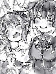 Rule 34 | 2girls, :d, bad id, bad pixiv id, blush, breasts, closed eyes, don-chan (usada pekora), facing viewer, greyscale, grin, groping, highres, hololive, houshou marine, jacket, laughing, monochrome, multiple girls, nanashi (nlo), notice lines, open mouth, rabbit girl, small breasts, smile, usada pekora, usada pekora (1st costume), virtual youtuber